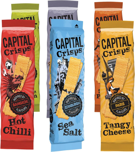 Capital Crisps World Tour 6 Pack Bundle | 6 x 75g Flat Crisps | Variety Snack Selection: Hot Chilli, Sour Cream & Onion, Salt & Vinegar, Smoky Paprika, Tangy Cheese, Sea Salt
