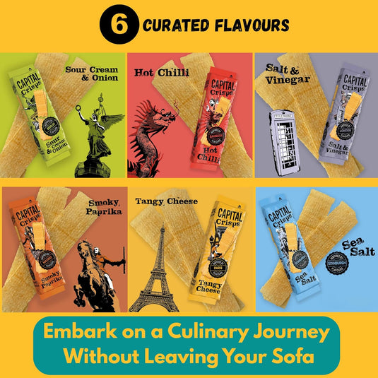 Capital Crisps World Tour 6 Pack Bundle | 6 x 75g Flat Crisps | Variety Snack Selection: Hot Chilli, Sour Cream & Onion, Salt & Vinegar, Smoky Paprika, Tangy Cheese, Sea Salt