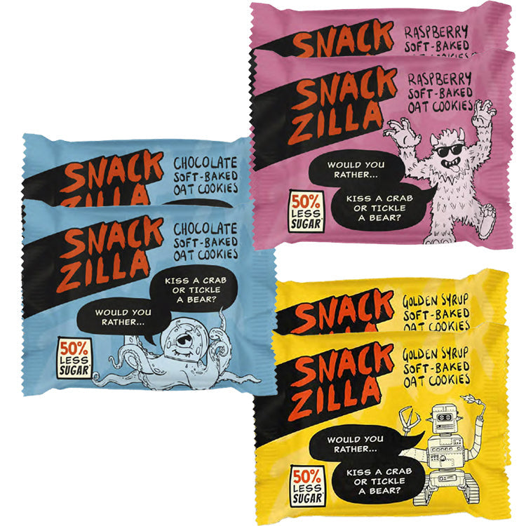 Load image into Gallery viewer, Snackzilla Soft-Baked Oat Cookies – Mixed Bundle | Raspberry | Chocolate | Golden Syrup
