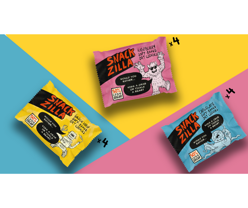 Load image into Gallery viewer, Snackzilla Soft-Baked Oat Cookies – Mixed Bundle | Raspberry | Chocolate | Golden Syrup
